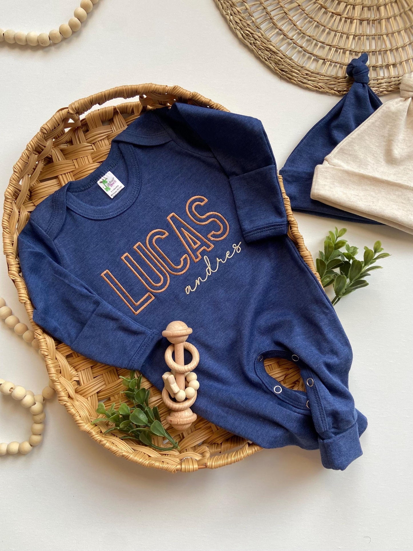 Personalized Baby Boy Coming Home Outfit: Embroidered Navy Romper & Hat