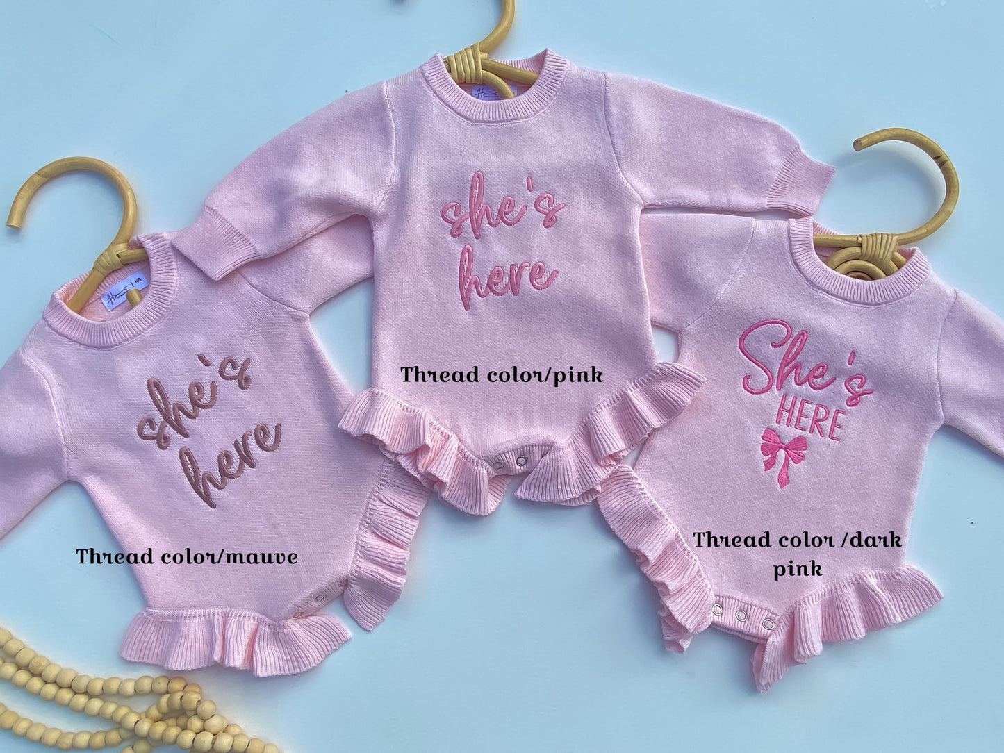 She’s here embroidered Romper, knit ribbed ruffle romper custom, gender reveal announcement, it’s a girl