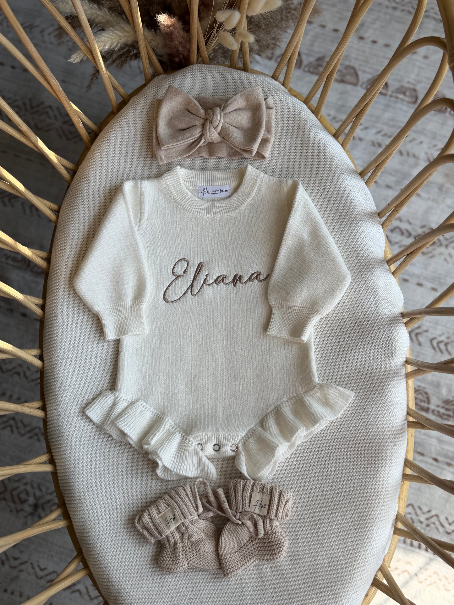 Embroidered name baby romper, newborn girl coming home knit ruffle outfit, custom birth name announcement