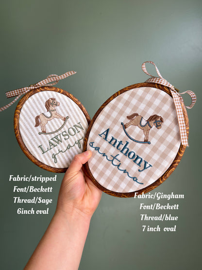 Personalized Embroidered rocking horse  Baby Name Hoop