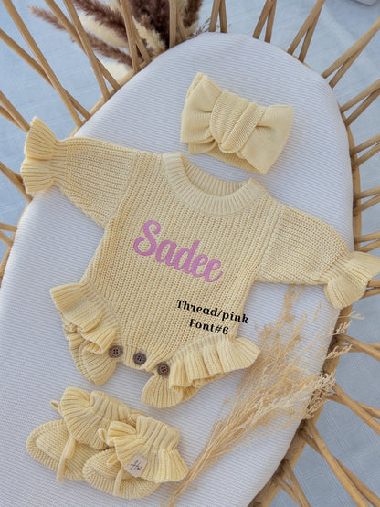 Personalized Baby Name chunky yellow Knit Romper