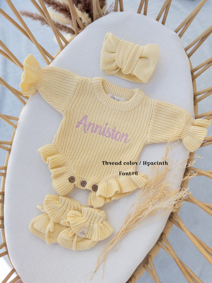 Personalized Baby Name chunky yellow Knit Romper