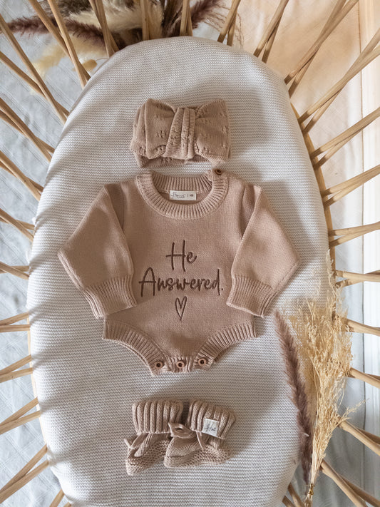 Embroidered He Answered  Knit Romper(ROMPER ONLY)