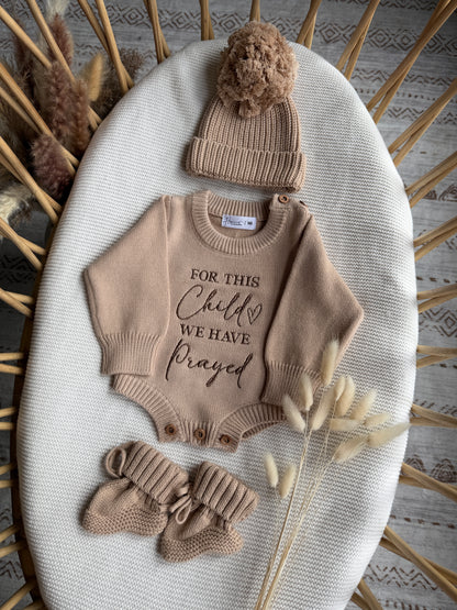 Embroidered For This Child We Have Prayed Knit Romper