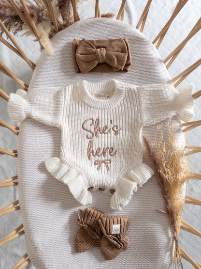 She is here  ruffle chunky Knit Romper