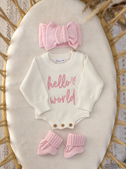 Embroidered Hello World Newborn Romper Set: 100% Cotton Outfit