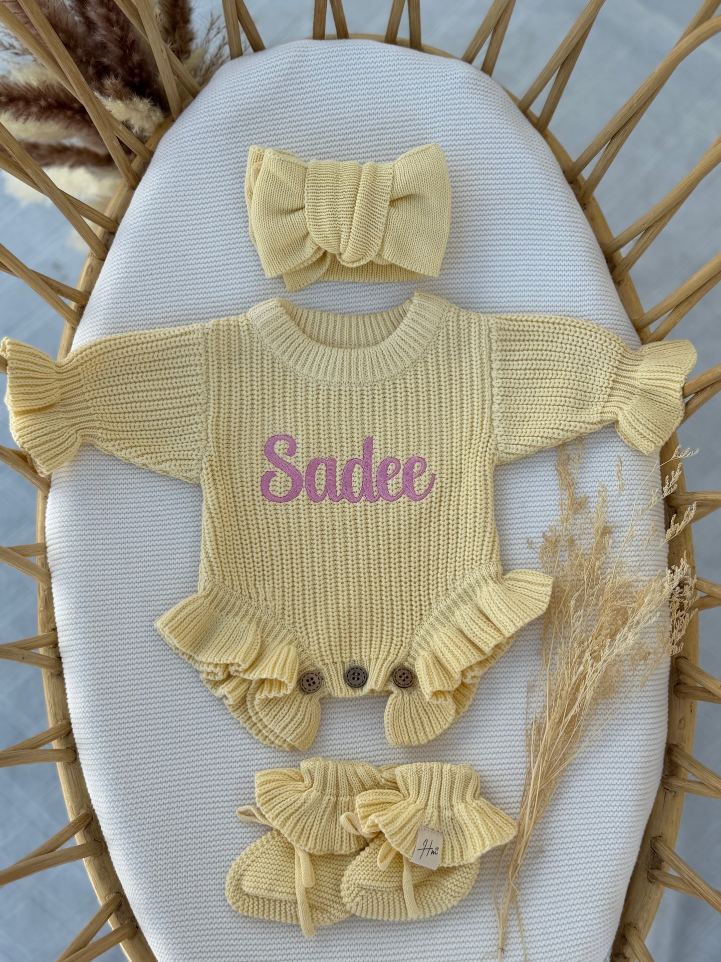 Personalized Baby Name chunky yellow Knit Romper