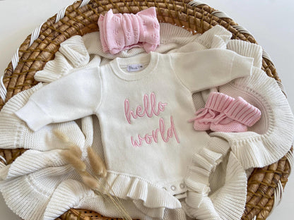 Baby  knit outfit with 'hello world’  romper,pink bow.