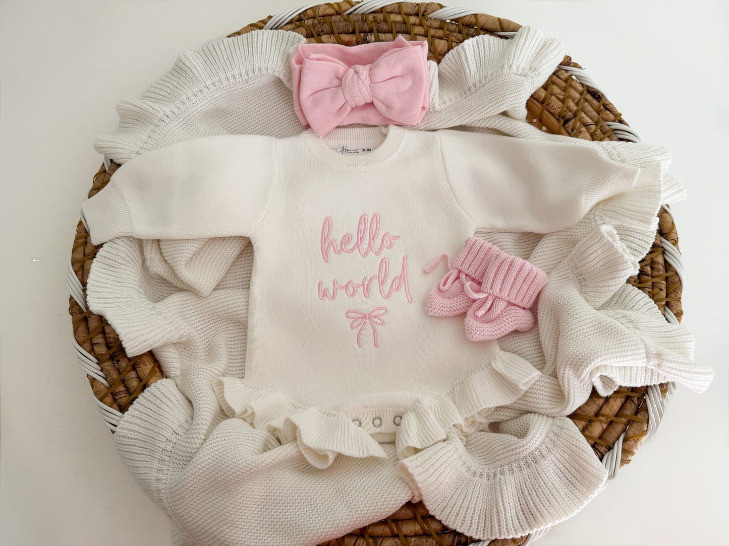 Embroidered Hello world Knit Romper