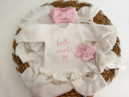 Embroidered Hello world Knit Romper