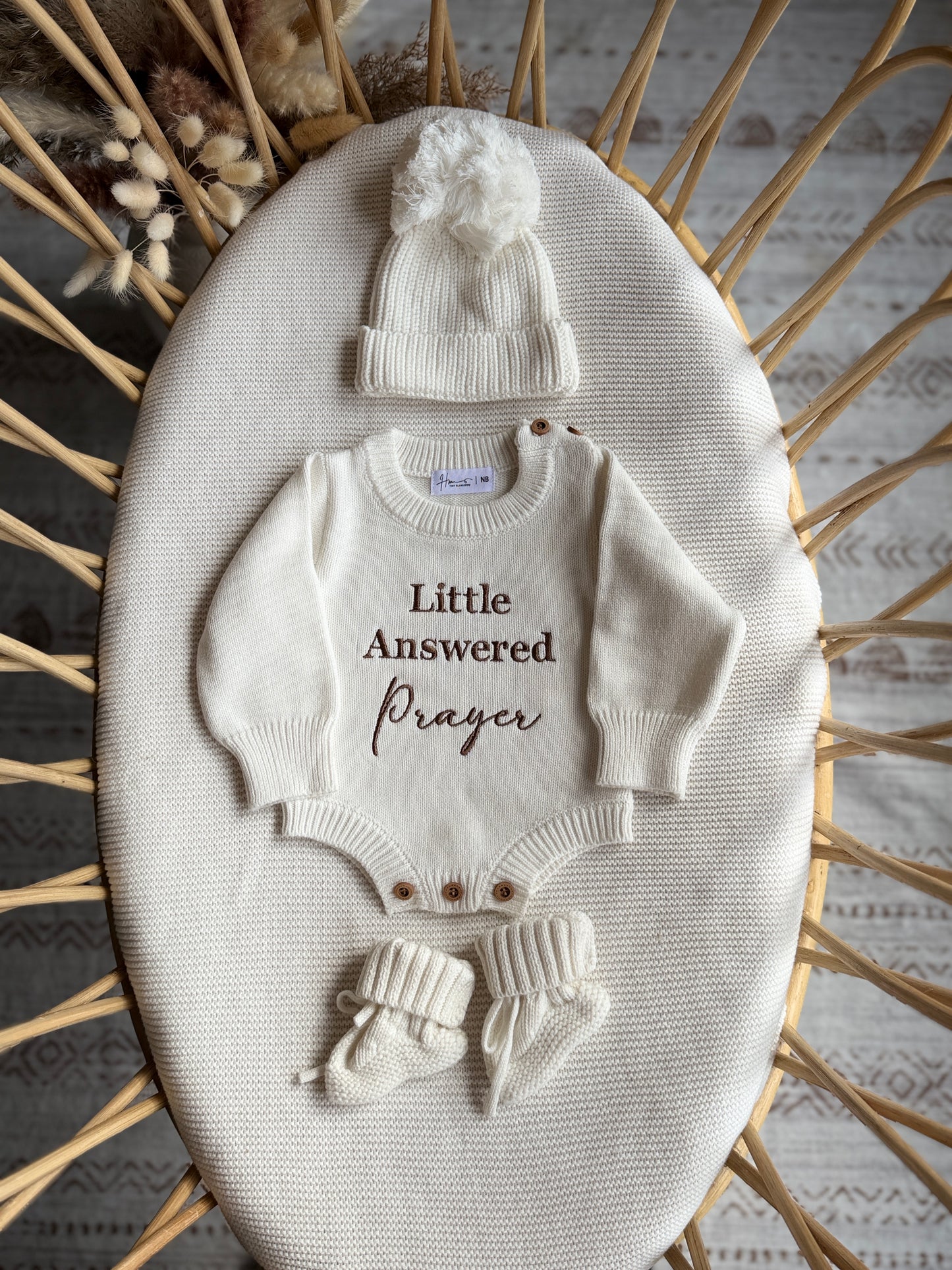 Embroidered Little Answered Prayer Knit Romper.