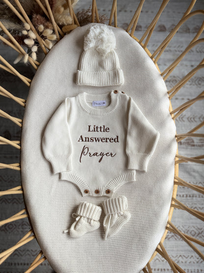 Embroidered Little Answered Prayer Knit Romper.