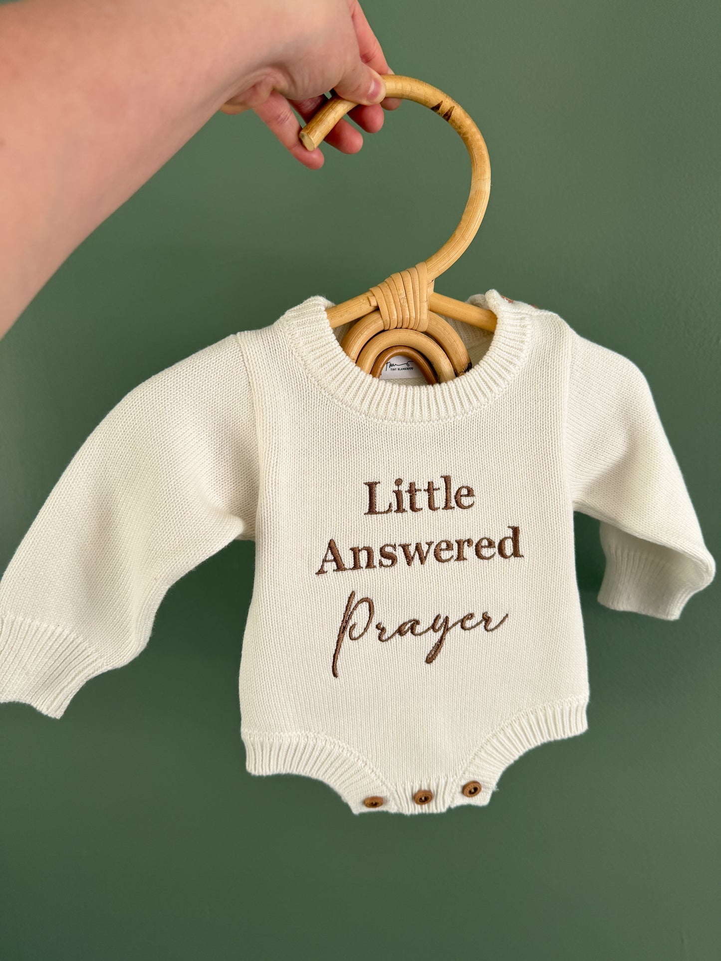 Embroidered Little Answered Prayer Knit Romper.