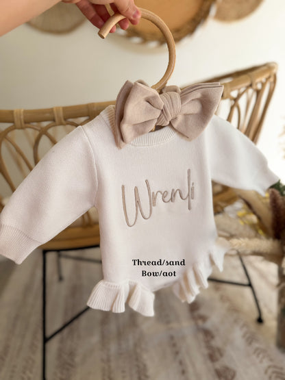 Embroidered name baby romper, newborn girl coming home knit ruffle outfit, custom birth name announcement