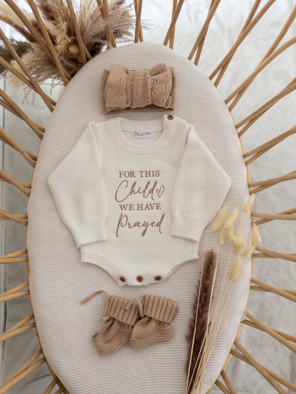 Embroidered For This Child We Have Prayed Knit Romper