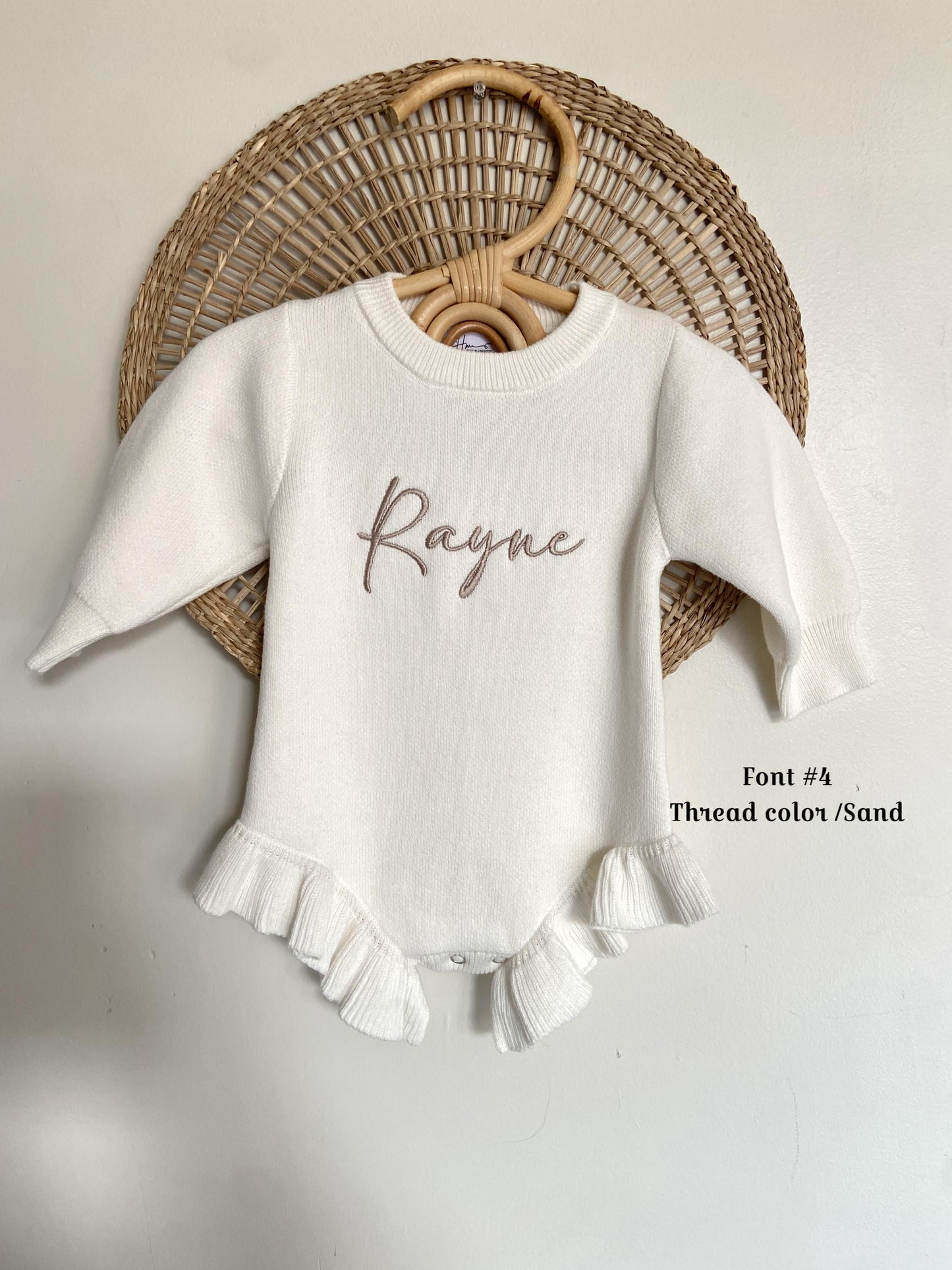 personalized White baby romper with ruffles and name 