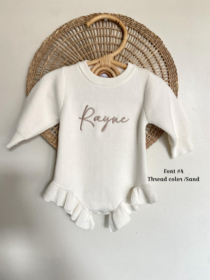 personalized White baby romper with ruffles and name 