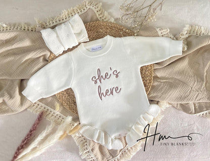 Baby Knit romper with 'she's here’ personalized outfit