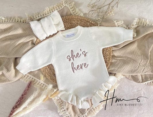 Baby Knit romper with 'she's here’ personalized outfit