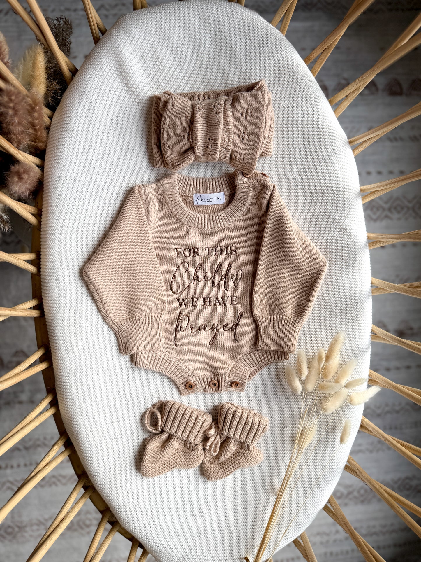 Embroidered for this child we have prayed knit romper