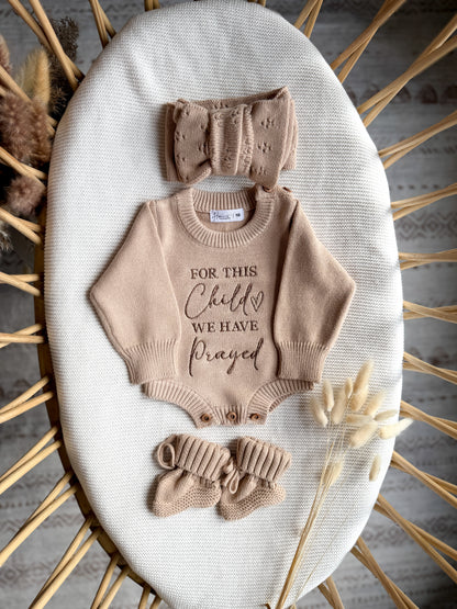 Embroidered for this child we have prayed knit romper