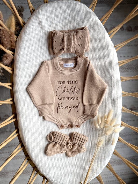 Embroidered for this child we have prayed knit romper