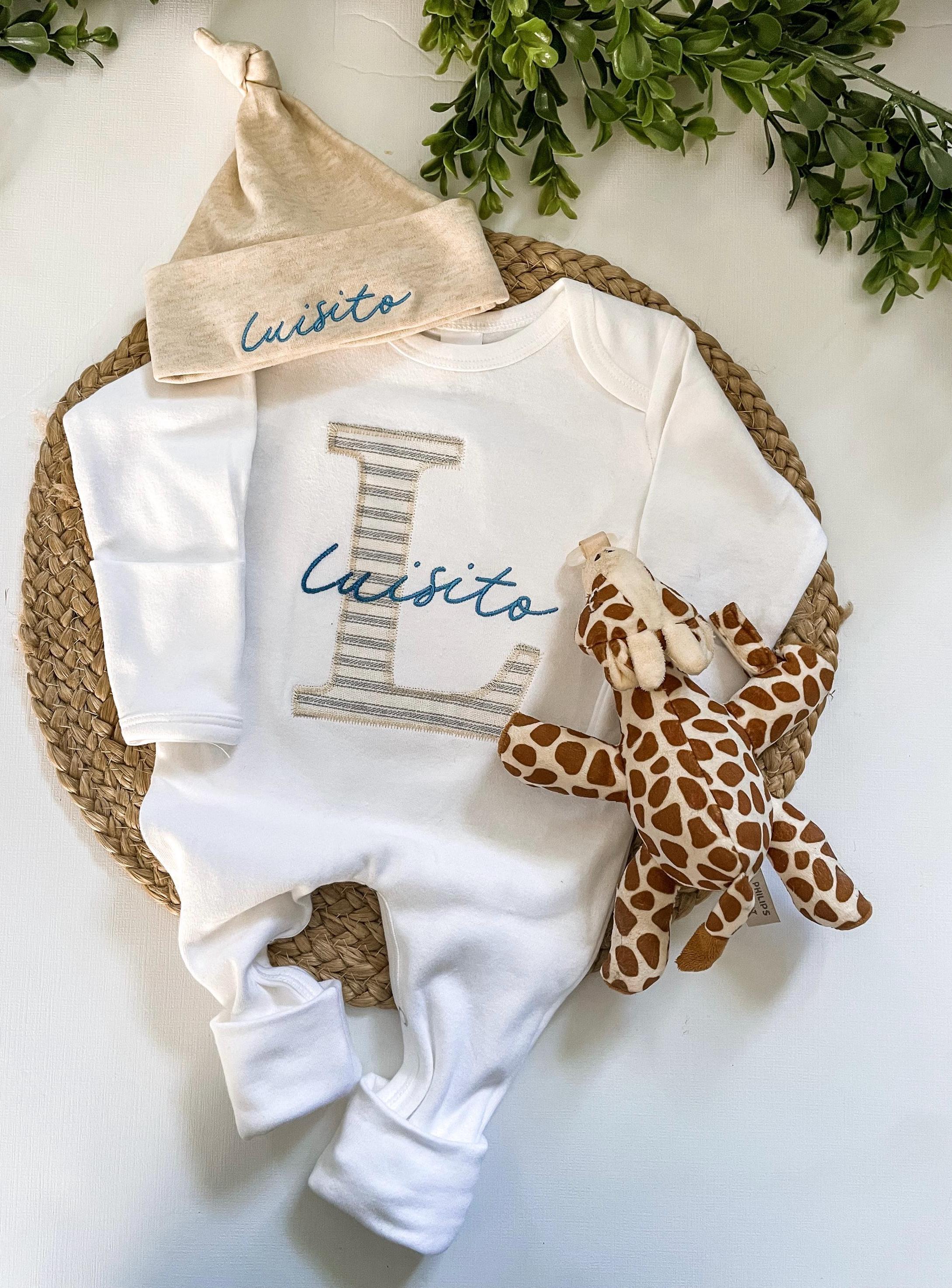 Personalized Baby Romper and Hat Set: Embroidered Name, Fold Over Foot ...