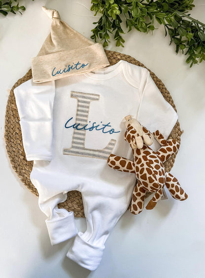 Personalized Baby Romper and Hat Set: Embroidered Name, Fold Over Footies