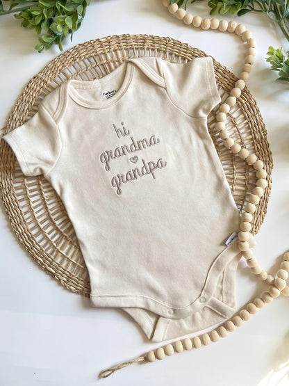 Embroidered Hi Grandma and Grandpa Onesie®, Gifts for Newborn, Pregnancy Announcement Bodysuit for Grandparents