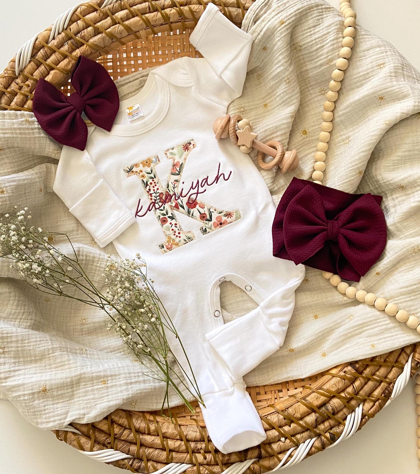 Personalized Baby Gown and Bow Set: Vintage Floral Coming Home Outfit