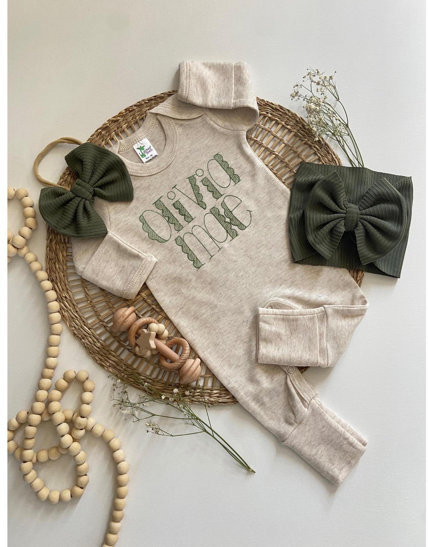 Personalized Baby Romper Hat Set: Sage Green Sketch Stitch, Newborn Outfit