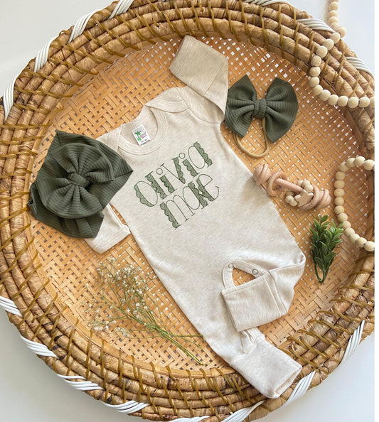 Personalized Baby Romper Set: Sketch Stitch Name, Sage Green Outfit