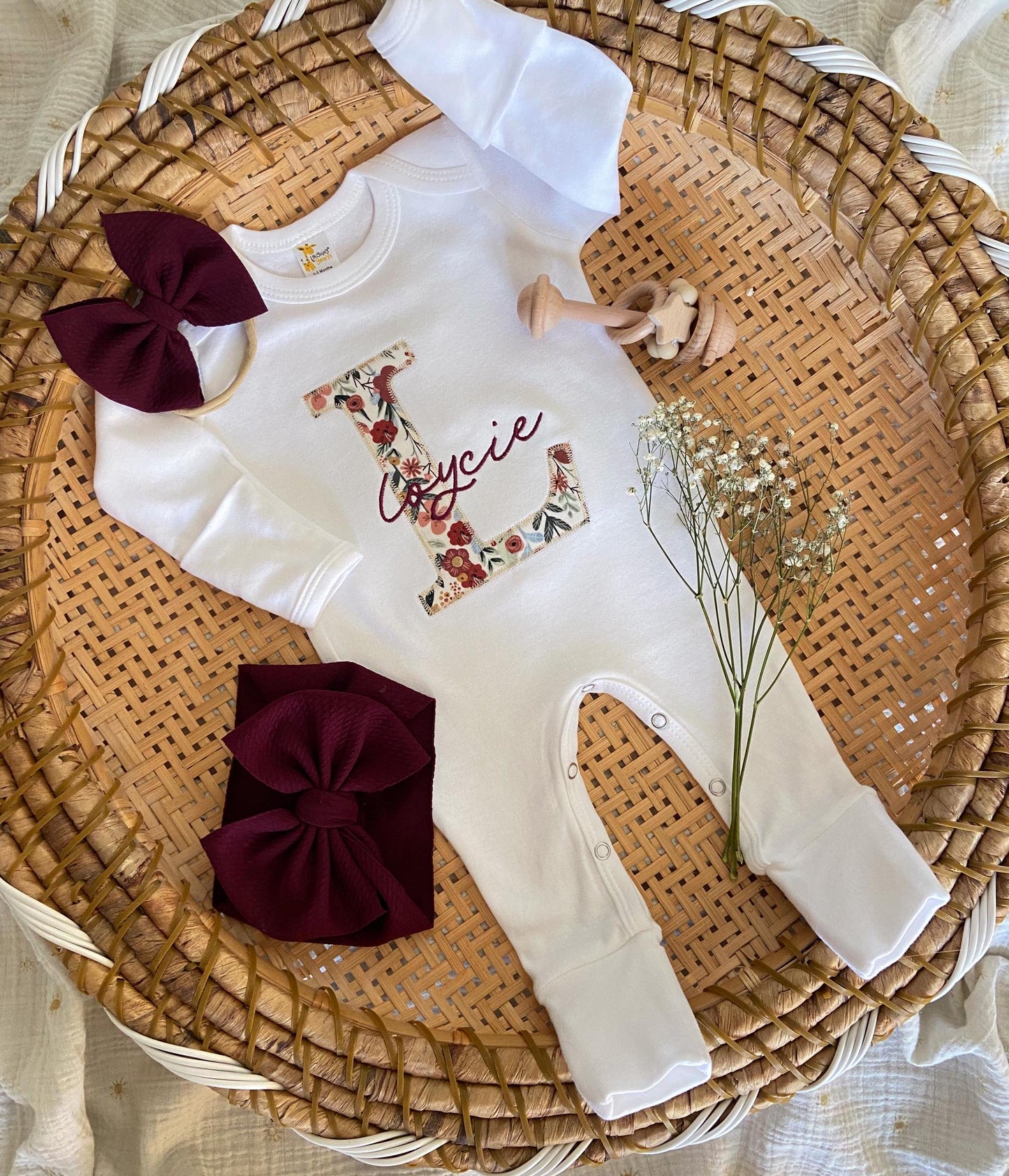 Personalized Baby Gown and Bow Set: Vintage Floral Coming Home Outfit