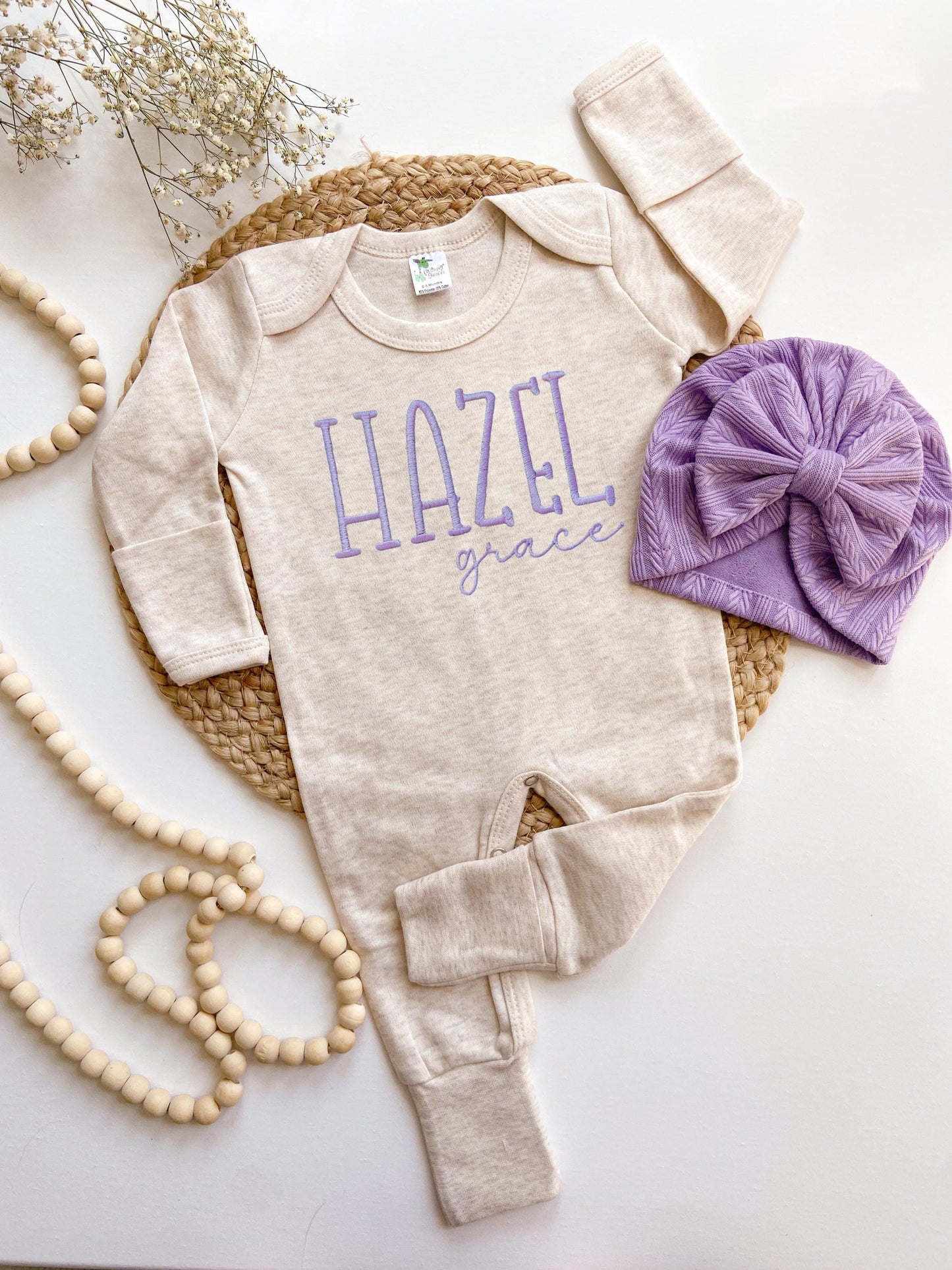 Embroidered Personalized Baby Romper & Hat Set: Purple Coming Home Outfit