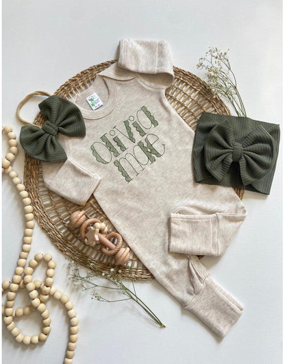 Personalized Embroidered Baby Romper with Hat: Sage Green Outfit