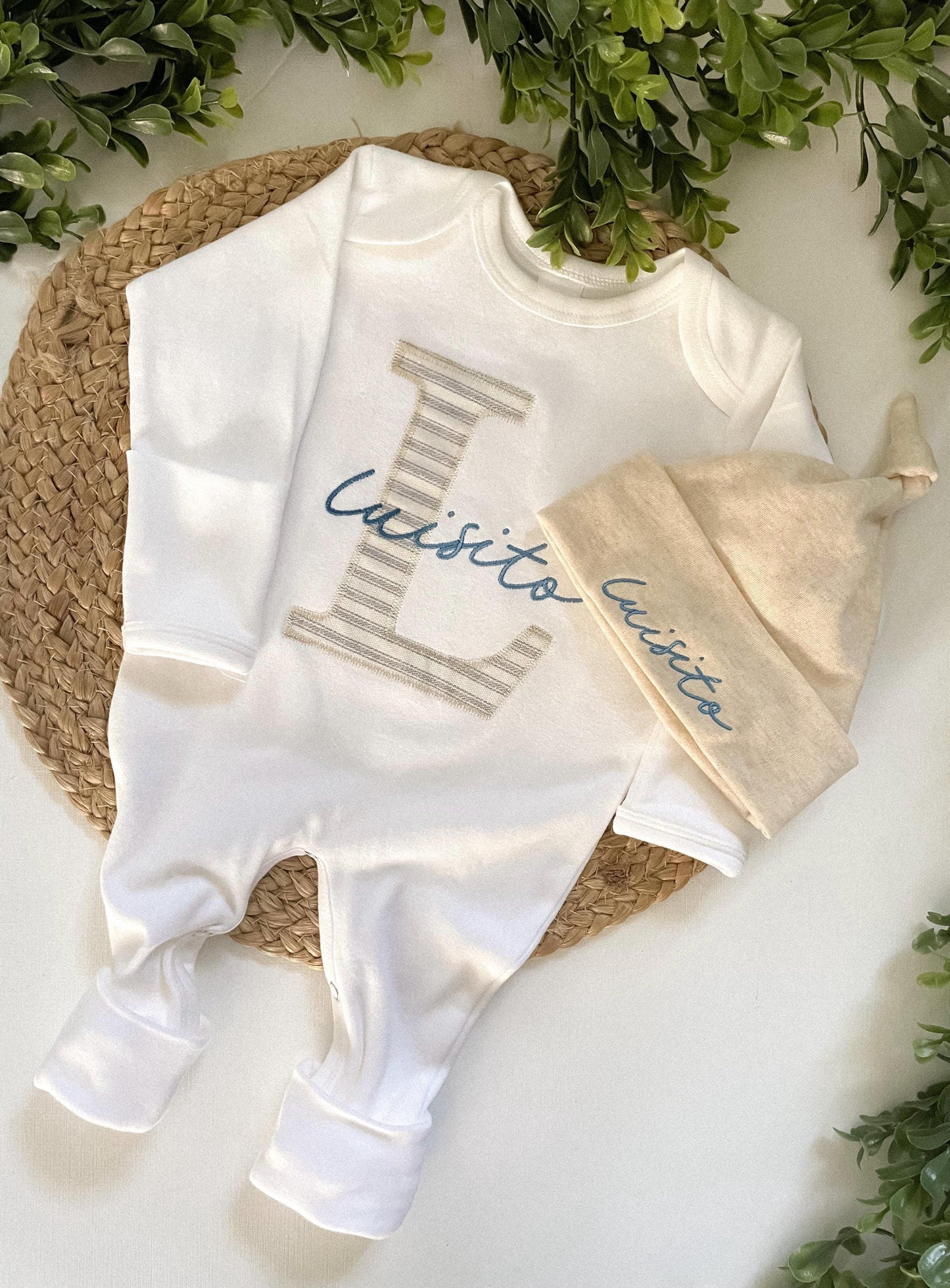 Personalized Baby Romper and Hat Set: Embroidered Name, Fold Over Footies