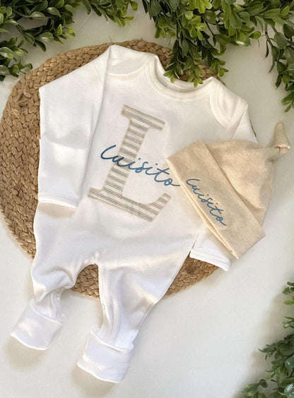 Personalized Baby Romper and Hat Set: Embroidered Name, Fold Over Footies