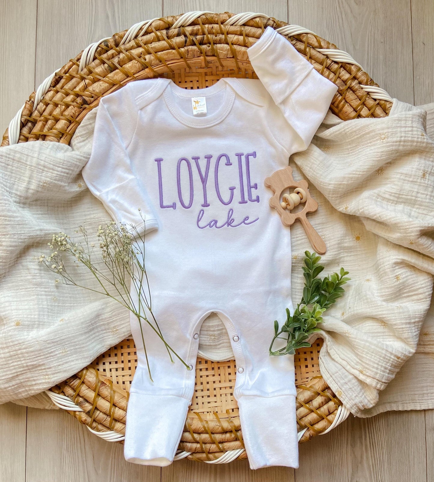 Embroidered Personalized Baby Romper: Purple Name Outfit