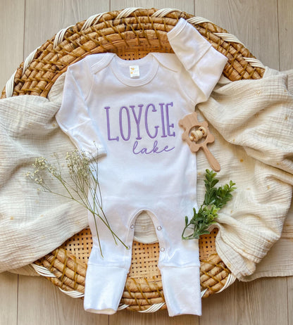 Embroidered Personalized Baby Romper: Purple Name Outfit