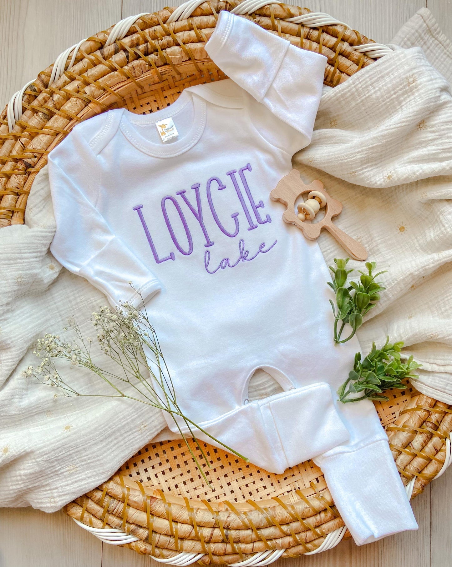 Embroidered Personalized Baby Romper: Purple Name Outfit