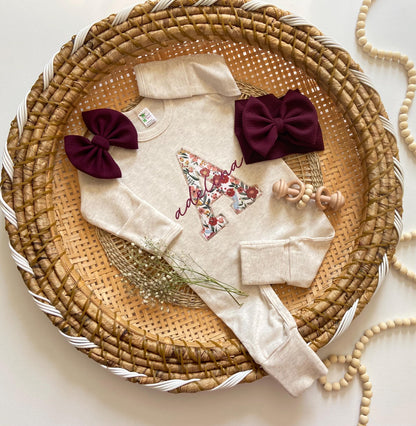 Personalized Baby Gown and Bow Set: Vintage Floral Coming Home Outfit