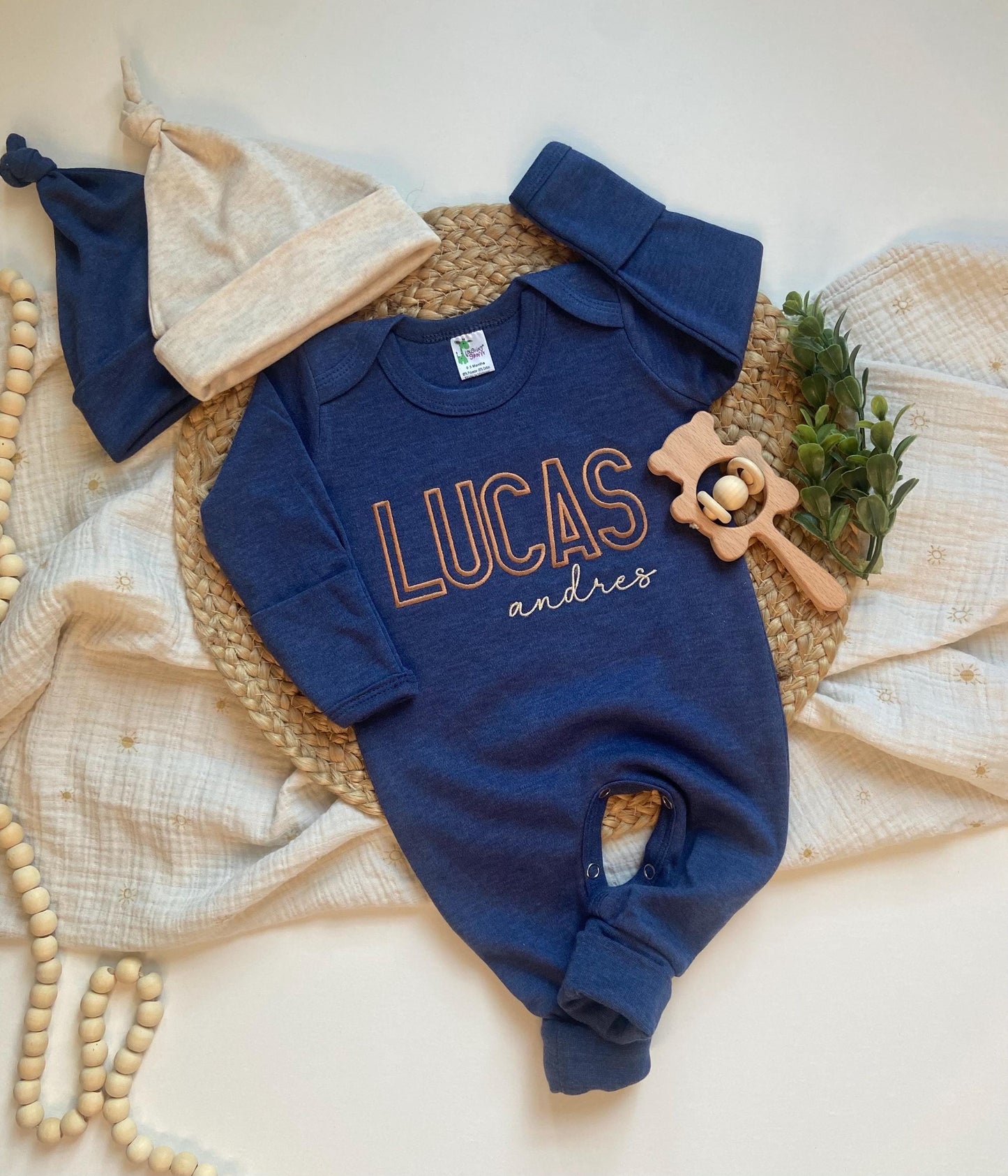 Personalized Baby Boy Coming Home Outfit: Embroidered Navy Romper & Hat
