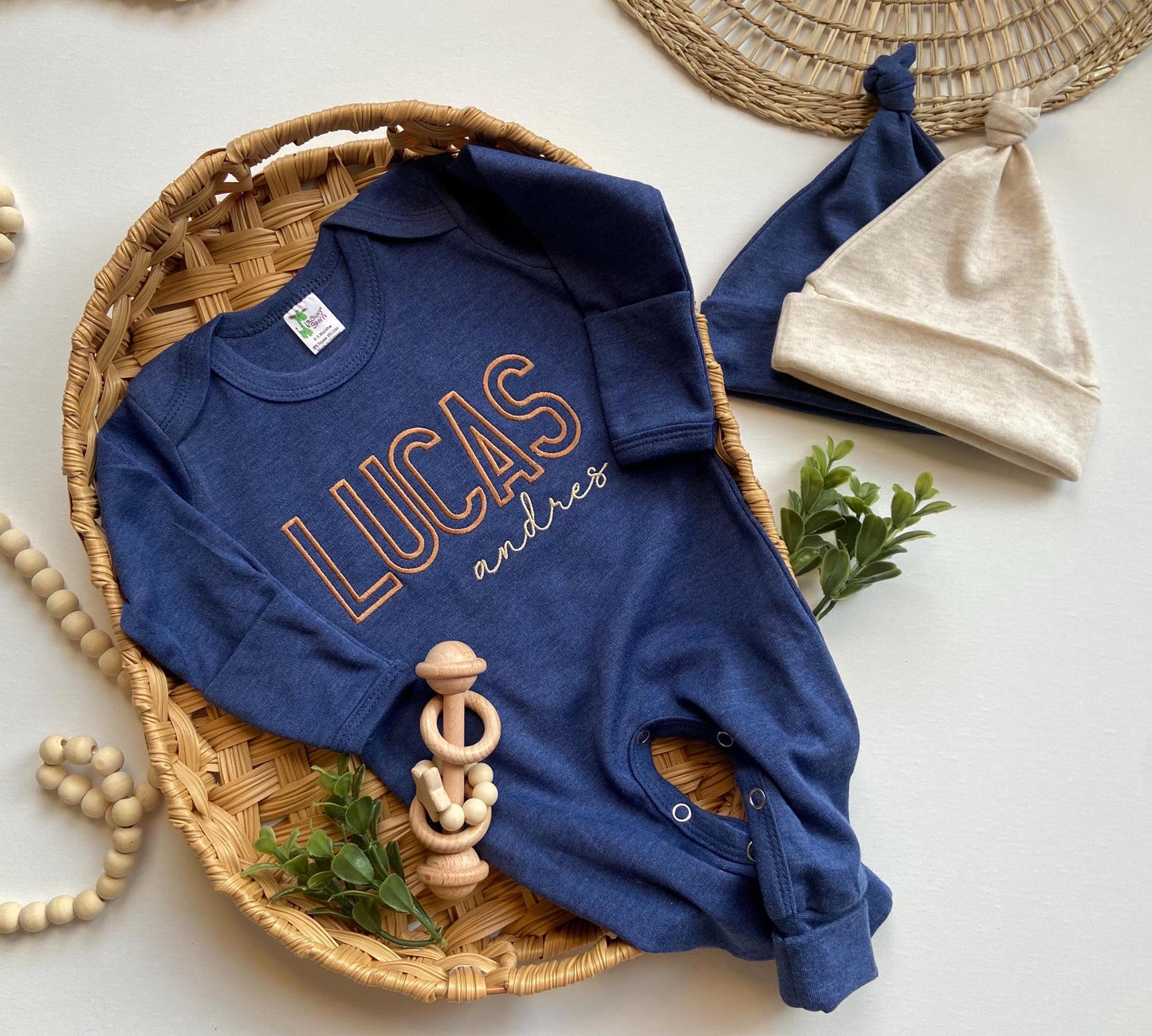 Personalized Baby Boy Coming Home Outfit: Embroidered Navy Romper & Hat