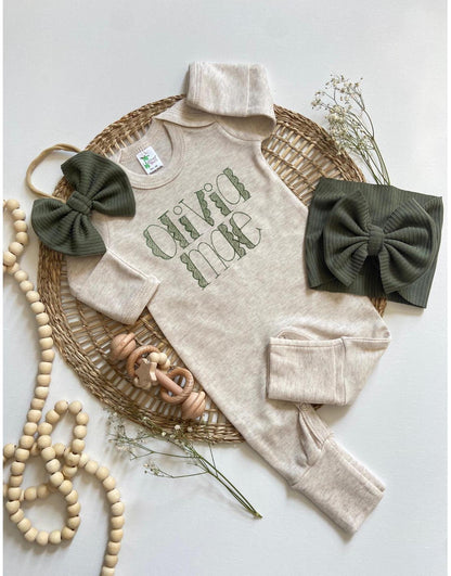 Personalized Baby Romper Set: Sketch Stitch Name, Sage Green Outfit