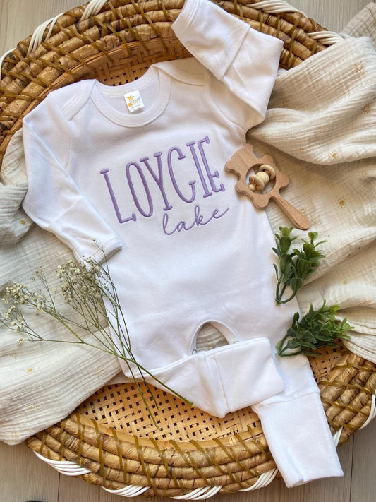 Embroidered Personalized Baby Romper: Purple Name Outfit