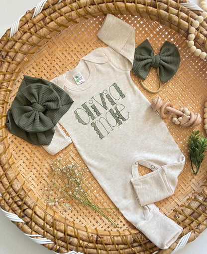 Personalized Embroidered Baby Romper with Hat: Sage Green Outfit