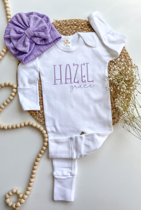 Embroidered Personalized Baby Romper & Hat Set: Purple Coming Home Outfit