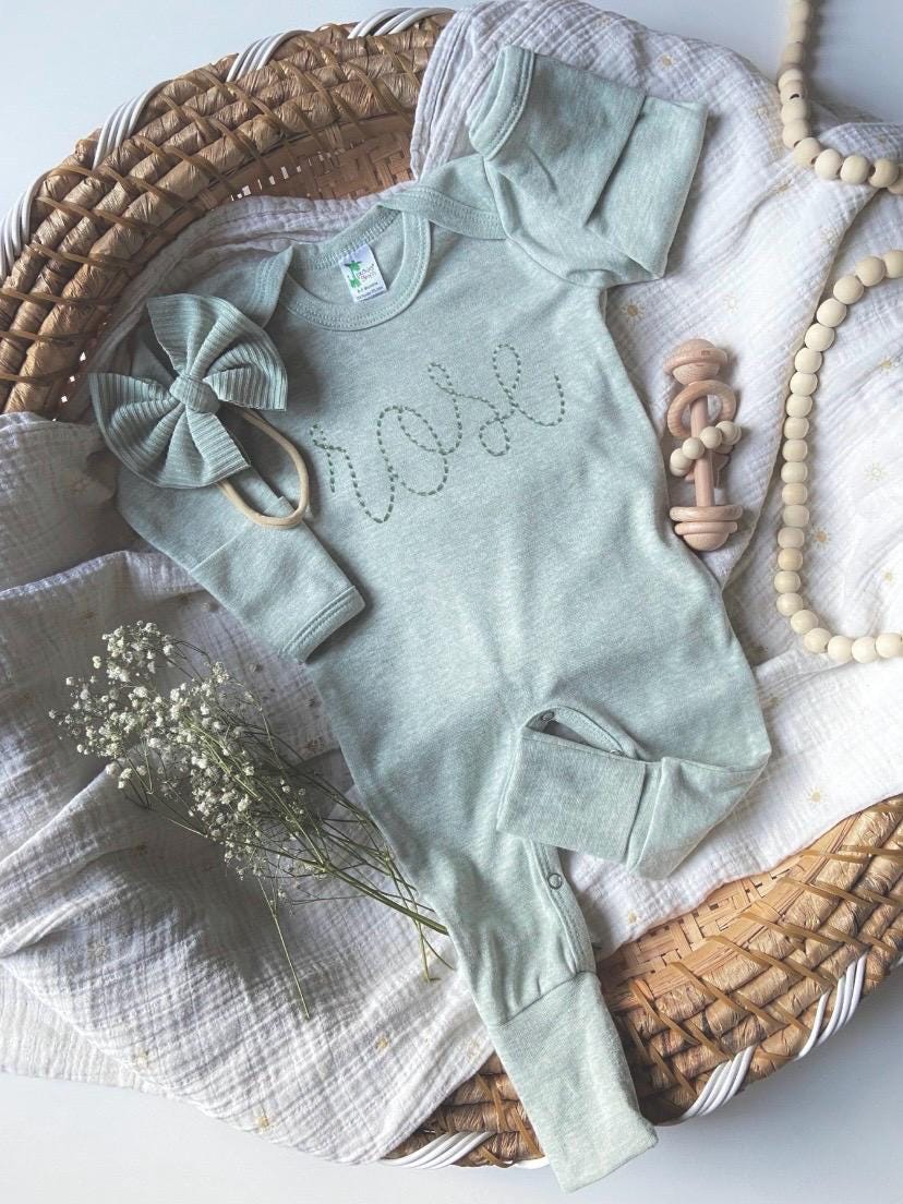 Personalized Newborn Baby Girl Romper | Green Romper  Dark Sage Green Baby Name
