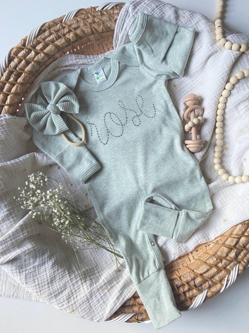 Personalized Newborn Baby Girl Romper | Green Romper  Dark Sage Green Baby Name