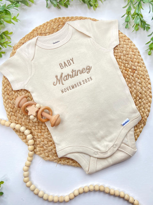 Embroidered Personalized Baby Onesie®: Pregnancy Announcement, Custom Name & Due Date